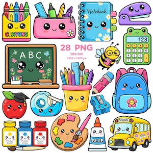 Puede incluir: Una colección de útiles escolares y papelería de estilo caricatura y coloridos. Incluye crayones, lápices, un cuaderno, una grapadora, una calculadora, una mochila, un autobús escolar y más. La imagen también contiene el texto "28 PNG" y "300 DPI".