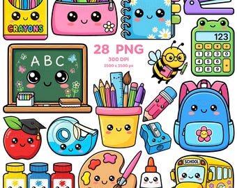 Kawaii School Supplies Clipart, Cute Back to School Clipart, Adorable Stationery PNG, Bright Colorful Classroom Stationery, Study Stickers