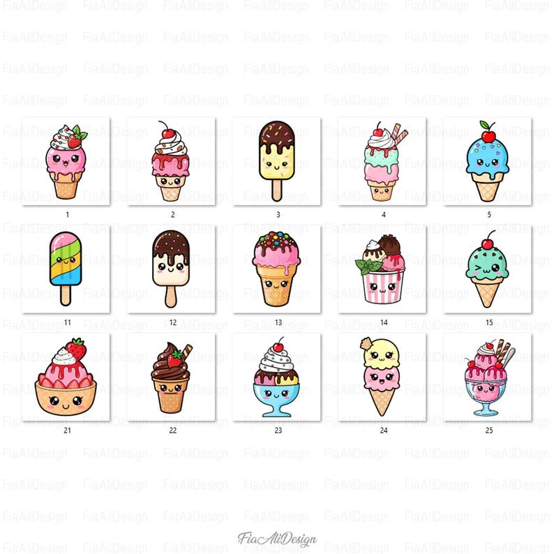 May include: A collection of cartoon ice cream illustrations. Each ice cream has a unique design, including cones, popsicles, and sundaes. The ice creams feature various colors, toppings, and cute facial expressions. The text "Fia Ali Design" is at the bottom.