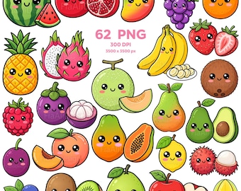 Adorable Fruit Clipart, Kawaii Fruit Clipart, Cute Fruit PNG, Cute Cartoon Fruit Clipart, Cute Smiling Fruit, Fruit Transparent PNG