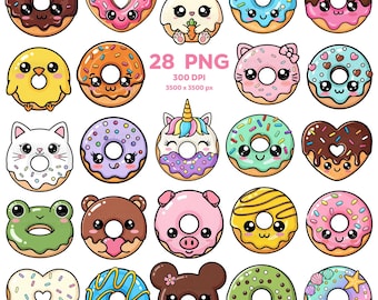 Süße Kawaii Donuts Clipart, süße Donut Clipart, entzückende Donut Clipart, Kawaii Tier Donuts PNG, süße Donut Aufkleber, Herz Donut PNG