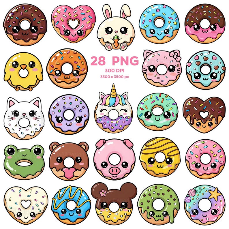 Peut inclure: Une collection de plus de 20 donuts de dessins anim&eacute;s avec divers motifs, dont des visages d'animaux comme un lapin, un chat et une grenouille. Les donuts pr&eacute;sentent un gla&ccedil;age et des vermicelles color&eacute;s. Le texte "28 PNG" est &eacute;galement inclus.