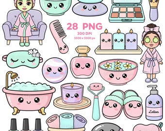 Kawaii Spa Beauty Clipart, Cute Spa Day Clipart, Pastel Self Care Clipart, Adorable Wellness & Spa Clipart, Pamper Day PNG, Spa PNG