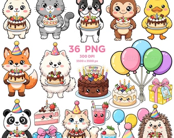 Adorable Birthday Animal Clipart, Kawaii Party Animals PNG, Cute Animal Birthday Bash, Celebration Animals PNG, Birthday Decor Clipart