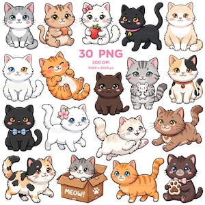 Puede incluir: Una colección de 20 ilustraciones de gatos de dibujos animados en varios colores y poses. Algunos gatos sostienen objetos como una fresa o un ratón. La imagen incluye el texto "30 PNG" y dimensiones.