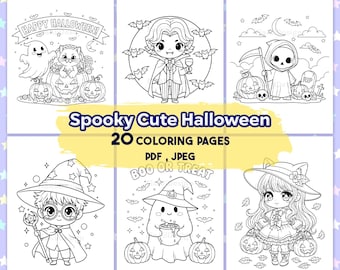 Spooky Cute Halloween Coloring Pages, Halloween Coloring Book, Kawaii Halloween Coloring, Trick or Treat Coloring, Spooky Kawaii Coloring
