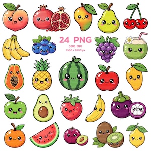 Cute Fruit Clipart, Fruity Kawaii PNG, Kawaii Fruit Characters, Adorable Fruit, Transparent Background, Digital Download for Kids