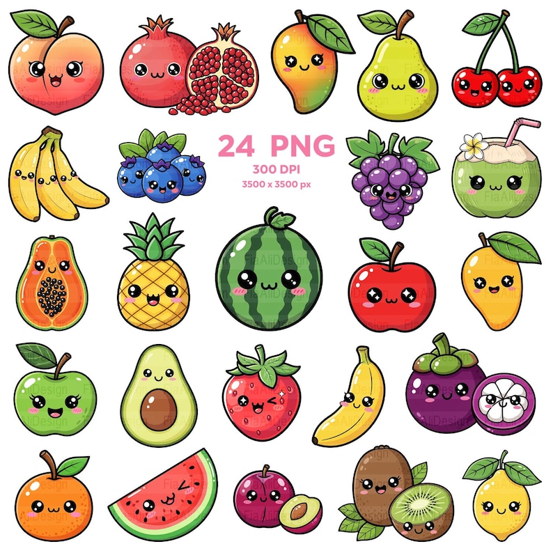 May include: A collection of 24 cartoon fruit illustrations, including a peach, pomegranate, mango, pear, cherries, bananas, blueberries, grapes, coconut, papaya, pineapple, watermelon, apple, mango, green apple, avocado, strawberry, banana, mangosteen, orange, watermelon slice, plum, kiwi, and lemon. The image also includes the text "24 PNG 300 DPI 3500 x 3500 px".