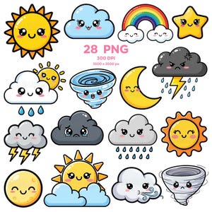 May include: A collection of cute weather-themed digital graphics. Includes a smiling sun, clouds, rainbow, star, moon, rain, lightning, and a tornado. The graphics are in bright colors with adorable facial expressions. The text "28 PNG" is also included.