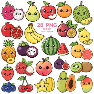 May include: A collection of 28 PNG fruit illustrations, including a dragon fruit, pear, apple, orange, durian, pomegranate, banana, watermelon, passion fruit, lemon, pineapple, mangosteen, strawberry, lychee, peach, fig, kiwi, blueberry, cherry, star fruit, papaya, and mango. The text "28 PNG" is visible.