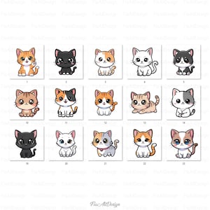 May include: A collection of 15 cartoon cat illustrations, each on a white square. The cats vary in color, including orange, black, white, and calico. Some cats are sitting, while others are standing or lying down. The text "Fia Ali Design" is at the bottom.