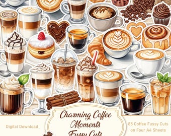 Charming Coffee Moments Fussy Cut, Digital Download, Junk Journal Printable, Junk Journal Supplies, Junk Journal Kit, Digital Stickers