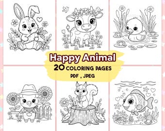 Happy Animal Coloring Pages, Animal Coloring Book, Farm Coloring Book, Kids Coloring Book, Cute Animal Coloring Pages, Printable PDF