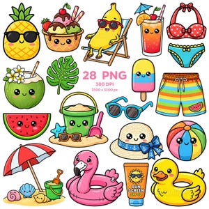 Könnte beinhalten: Eine Sammlung von 28 PNG-Illustrationen zum Thema Sommer. Enthält eine Ananas mit Sonnenbrille, Eis, eine Banane in einem Liegestuhl, einen Cocktail, einen Bikini, Shorts, eine Kokosnuss, eine Wassermelonen-Scheibe, ein Blatt, einen Eimer, eine Sonnenbrille, einen Hut, einen Strandball, einen Sonnenschirm, einen Flamingo-Schwimmer, Sonnencreme und eine Quietscheente.