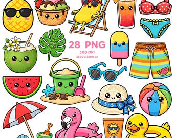 Aloha Kawaii Summer Clipart, Cute Tropical Beach Clipart, Summer Chill, Sweet Summer Vibes, Vacation Elements PNG, Summer Stickers