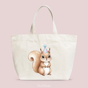 May include: A cream-colored tote bag featuring a watercolor illustration of a cute squirrel wearing a party hat. The squirrel has a fluffy tail and big eyes. The bag has a simple design with sturdy handles, perfect for carrying groceries or books.