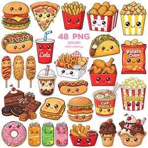 Imágenes prediseñadas de comida chatarra kawaii, 48 PNG de comida rápida, snacks y golosinas (descarga digital)