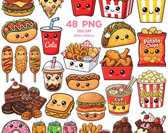 Kawaii Junk Food Clipart, Cute Fast Food Clipart, Adorable Food PNG, Kawaii Snacks & Treats, Cute Comfort Food, Kawaii Snacks and Treats