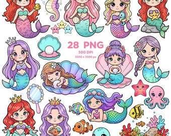 Adorable Mermaid & Sea Life Clipart, Kawaii Mermaid Paradise Clipart, Whimsical Ocean Fantasy, Little Mermaid Friends, Ocean Animals PNG