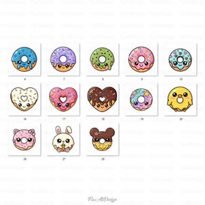 Peut inclure: Plusieurs beignets de dessins anim&eacute;s color&eacute;s avec diff&eacute;rents gla&ccedil;ages et d&eacute;corations. Certains sont ronds, d'autres en forme de c&oelig;ur ou d'animaux. Chaque beignet a un visage souriant et est num&eacute;rot&eacute;.
