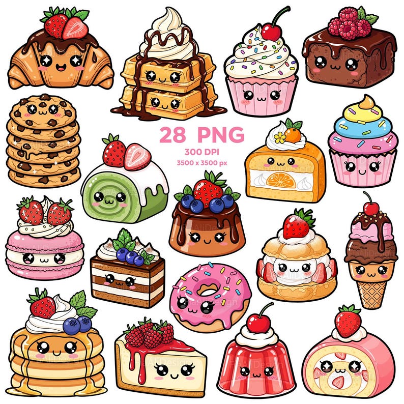 May include: A collection of kawaii-style dessert illustrations, including a croissant, waffles, cupcakes, a brownie, cookies, a swiss roll, a pudding, a macaron, a cake, a donut, a pancake, a cheesecake, a jelly, and an ice cream cone. The image includes the text "28 PNG".