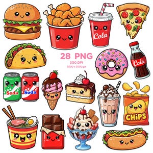 Adorable Junk Food Clipart, Kawaii Junk Food, Kawaii Food, Fast food Clipart, Cute Junk Food, Clipart PNG, Transparent clipart