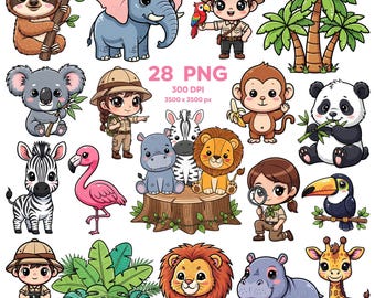 Kawaii Safari Adventure Clipart, Cute Safari Clipart, Cute Jungle Animals PNG, Safari Kids, Jungle Explorers,  Safari Camp, Safari Stickers