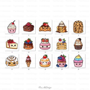 May include: A collection of illustrated desserts, including cupcakes, brownies, croissants, pancakes, cookies, cheesecake, macarons, cinnamon rolls, ice cream cones, and muffins. Each dessert has a cute, cartoon-like design with smiling faces and colorful toppings.