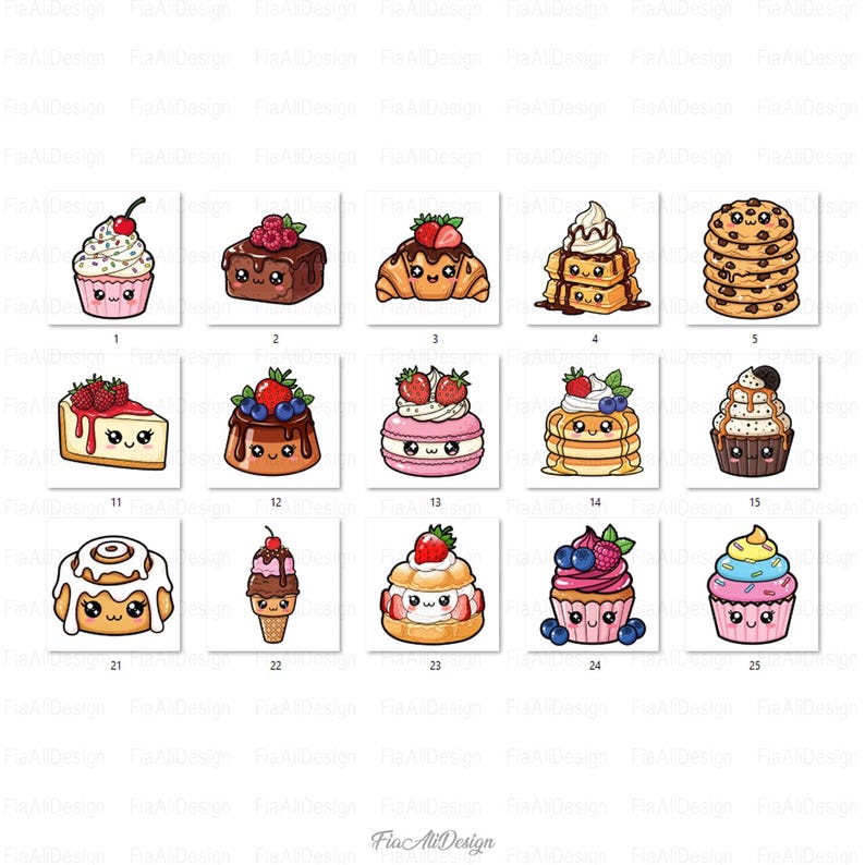 May include: A collection of illustrated desserts, including cupcakes, brownies, croissants, pancakes, cookies, cheesecake, macarons, cinnamon rolls, ice cream cones, and muffins. Each dessert has a cute, cartoon-like design with smiling faces and colorful toppings.