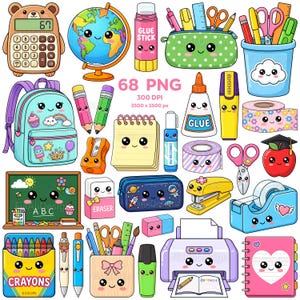 May include: A collection of digital illustrations featuring school supplies with smiling faces, including a bear calculator, globe, glue stick, pencil case, backpack, chalkboard, crayons, printer, and notebook, with the text 68 PNG 300 DPI 3500 x 3500 px.