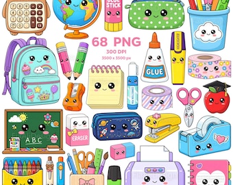 Cute School Supplies Clipart, Cute Stationery Clipart, Kawaii Stationery PNG, School Objects, Cute Classroom Decor, Stationery Stickers