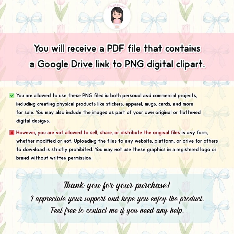 May include: Digital clipart product details on a pink background with floral and bow patterns. Text states the buyer will receive a PDF file with a Google Drive link to PNG clipart. Usage terms are also listed, including allowed and prohibited uses.