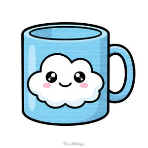 May include: A light blue ceramic mug with a black handle and rim. The mug features a white cloud with a smiling face, black eyes, and pink cheeks. The design is a cute, cartoon style.