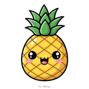 May include: A cartoon illustration of a smiling pineapple with large black eyes, pink cheeks, and a red mouth. The pineapple is yellow with a grid pattern and green leaves on top.