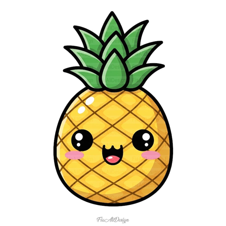 May include: A cartoon illustration of a smiling pineapple with large black eyes, pink cheeks, and a red mouth. The pineapple is yellow with a grid pattern and green leaves on top.