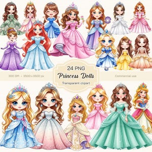Princess Dolls Clipart, Cute Princesses Clipart, Kawaii Girls, Adorable Princesses Clipart, Dolls PNG, Transparent clipart