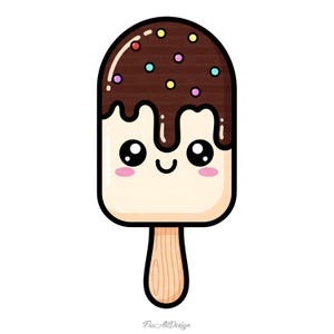 May include: A cartoon illustration of a popsicle with a smiling face. The ice cream is vanilla with a chocolate coating and colorful sprinkles. It has a wooden stick and pink cheeks. The design is outlined in black.