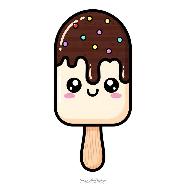 May include: A cartoon illustration of a popsicle with a smiling face. The ice cream is vanilla with a chocolate coating and colorful sprinkles. It has a wooden stick and pink cheeks. The design is outlined in black.