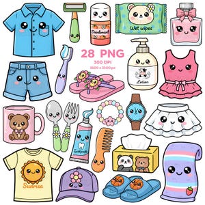 Puede incluir: Una colección de ilustraciones de estilo caricatura de varios artículos. Incluye una camisa azul, pantalones cortos de mezclilla, una maquinilla de afeitar, desodorante, toallitas húmedas, perfume, un vestido rosa, una taza, utensilios, chanclas, una pulsera, un reloj, pasta de dientes, un peine, una caja de pañuelos, una toalla, una camiseta, una gorra y zapatillas.