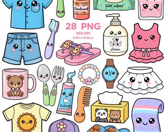 Happy Daily Items Clipart, Personal Items Clipart, Kawaii Objects Clipart, Cute Household Clipart, Self care PNG, Everyday Essentials