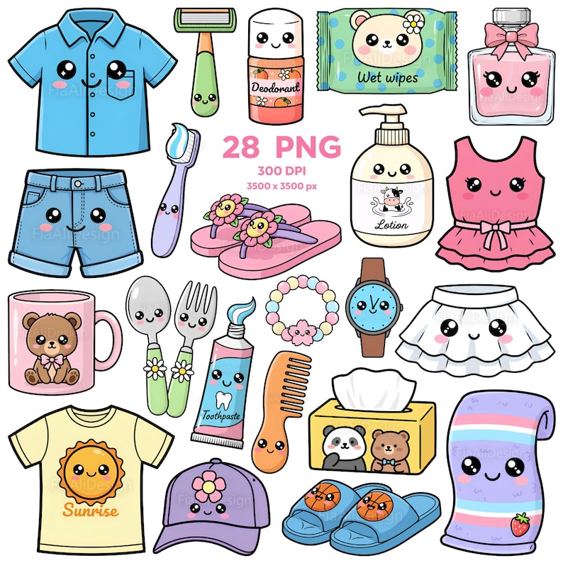 May include: A set of cartoon illustrations featuring a blue shirt, denim shorts, a razor, deodorant, wet wipes, perfume, a pink dress, a mug, cutlery, flip-flops, a bracelet, a watch, toothpaste, a comb, a tissue box, a towel, a t-shirt, a cap, and slippers. Includes measurements in cm.