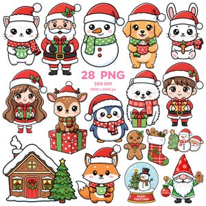 May include: A collection of 28 PNG Christmas-themed illustrations. The images include a cat, Santa Claus, a snowman, a dog, a bunny, a girl, a reindeer, a penguin, a dog, a boy, a gingerbread man, a stocking, a house, a Christmas tree, a fox, a snow globe, and a gnome.
