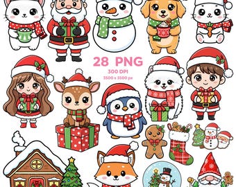 Wesołych Świąt Clipart, Słodkie Świąteczne Clipart, Kawaii Christmas PNG, Świąteczne PNG, Święty Mikołaj, Renifer, Bałwan, Naklejki świąteczne