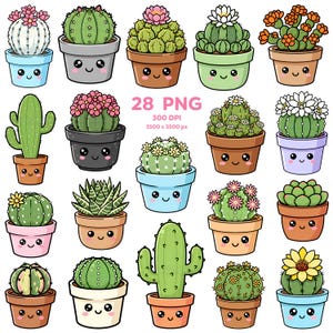 Peut inclure: Une collection de 20 cactus et plantes succulentes de dessins animés dans divers pots. Les plantes présentent différentes formes, couleurs et fleurs. Les pots sont de différentes couleurs et ont des visages souriants. Le texte "28 PNG 300 DPI 3500 x 3500 px" est également inclus.
