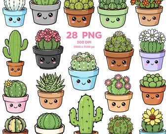 Cute Potted Cactus Clipart, kawaii Cactus Clipart, Plant Clipart, Houseplants Clipart, Potted Desert Plants, Succulent, Cactus Stickers