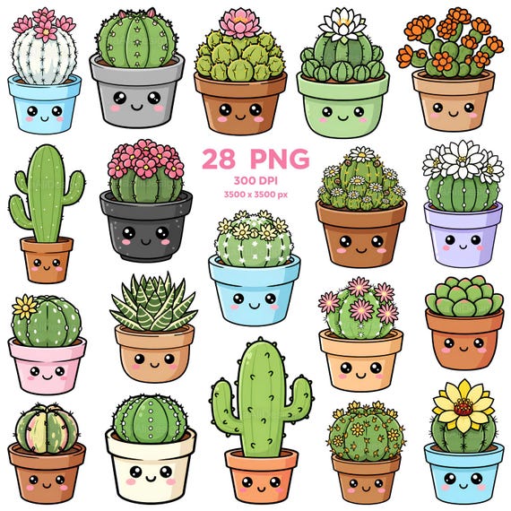 Cute Potted Cactus Clipart, kawaii Cactus Clipart, Plant Clipart, Houseplants Clipart, Potted Desert Plants, Succulent, Cactus Stickers