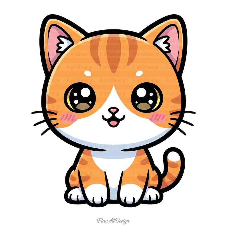 May include: A cartoon illustration of a cute orange tabby cat with big, expressive eyes. The cat has black whiskers, pink cheeks, and a white chest. The design features a thick black outline and is set against a white background.
