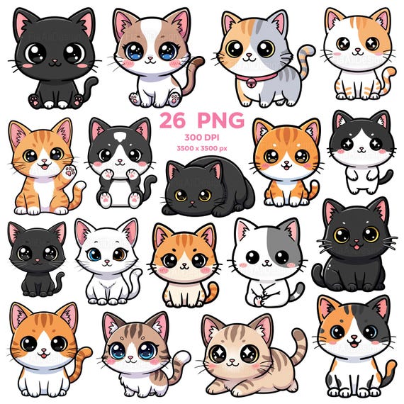 Cartoon Cat Cuties Clipart, Cat Clipart, Cute Cat Clip Art for Stickers, Kawaii Kitty, Cat PNG, Kawaii PNG, Transparent clipart