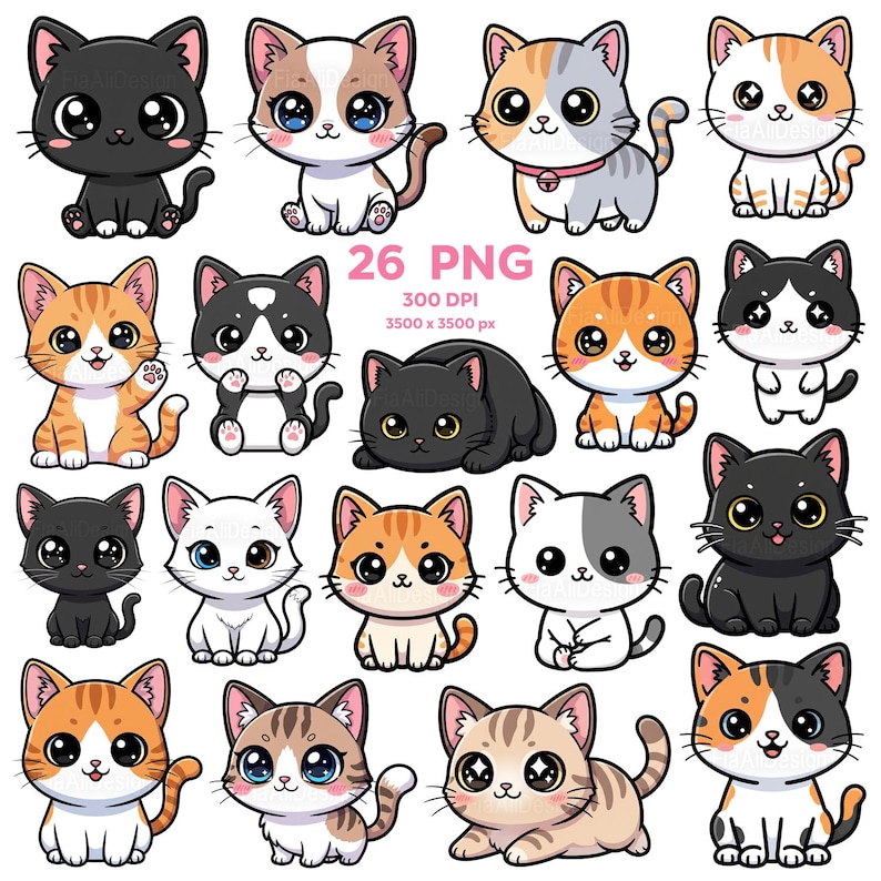 May include: A collection of 26 cartoon cat illustrations in various colors and patterns. The cats have large eyes and are in different poses. The image includes the text "26 PNG" and details about the image resolution.