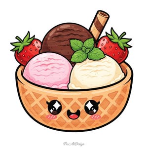 May include: A cartoon illustration of an ice cream sundae in a waffle bowl. The sundae features scoops of chocolate, strawberry, and vanilla ice cream, garnished with strawberries, mint, and a wafer stick. The bowl has a cute face.